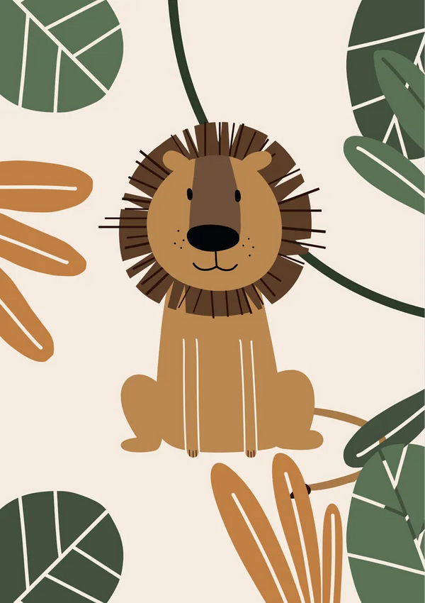Illustratie van een schattige leeuw met bruine manen, rustig zittend op een lichte achtergrond. De afbeelding heeft grote groene en oranje tropische bladeren in de hoeken, waardoor een kader met een natuurthema rond de leeuw wordt toegevoegd. Dit charmante ontwerp maakt deel uit van de collectie "dcc 002 - kids" van CollageDepot.-
