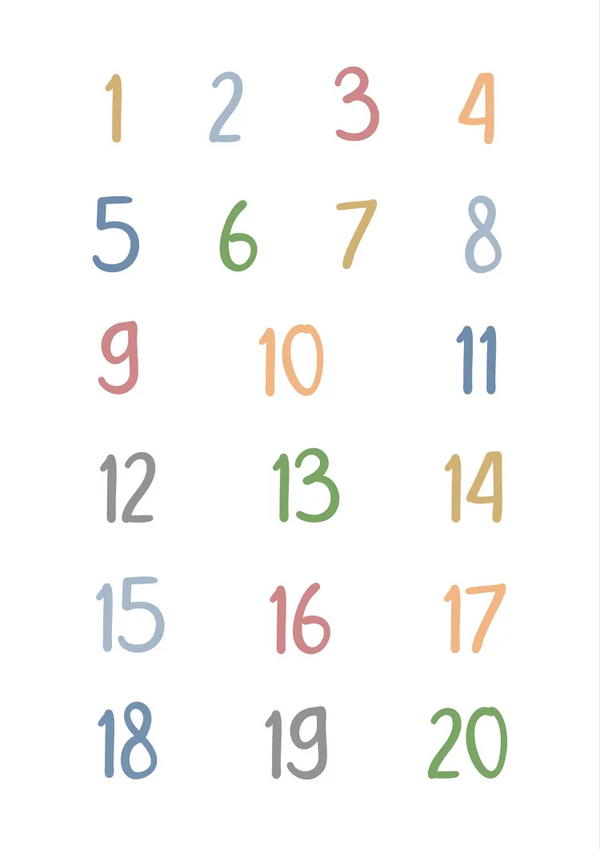 Op een witte achtergrond wordt een raster met getallen van 1 tot en met 20 weergegeven. Elk nummer is met de hand getekend en de kleuren zijn blauw, groen, oranje, roze en grijs. De cijfers zijn gelijkmatig verdeeld, gerangschikt in een 4x5-formaat. Productnaam: dcc 016 - kids Merknaam: CollageDepot-
