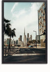 Een stadsstraat met palmbomen, moderne gebouwen en de Burj Khalifa prominent in de verte. Het tafereel, perfect als wanddecoratie, legt een heldere dag vast met wat lichte wolken aan de hemel. Presenteer dit CollageDepot Skyline Dubai schilderij eenvoudig met een magnetisch ophangsysteem voor een naadloze weergave.