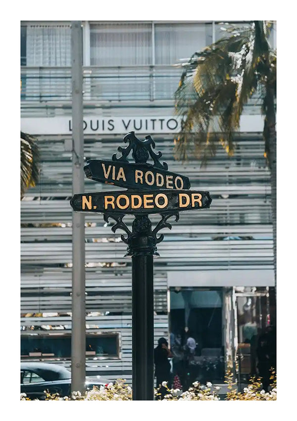 Er worden straatnaamborden voor Via Rodeo en N. Rodeo Dr weergegeven. Op de achtergrond is er een gebouw met een Louis Vuitton-winkel. Er zijn ook palmbomen zichtbaar, wat bijdraagt aan het pittoreske tafereel dat een perfecte achtergrond lijkt voor CollageDepot's Wegwijzer Louis Vuitton Winkel Schilderij met zijn charmante en verfijnde sfeer.-