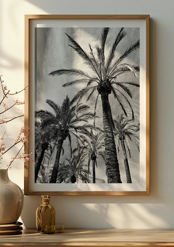 Een ingelijste zwart-witfoto van palmbomen hangt aan de muur en toont het bovenaanzicht van verschillende palmboomstammen en hun bladeren. Het frame, een charmant houten stuk, rust op een plank naast een keramische vaas en een kleine glazen fles. Dit elegante Schilderij Hoge Palmbomen Op Een Zwart-Wit van CollageDepot geeft een tijdloze touch aan je wanddecoratie.,Lichtbruin