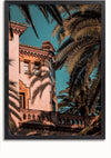 Een ingelijste foto van CollageDepot met de titel "bbb 015 - natuur" toont een gebouw met sierlijke architectuur, inclusief gedetailleerde balkons en ramen. De helderblauwe lucht en hoge palmbomen creëren schaduwpatronen op het bouwwerk, wat de mediterrane stijl benadrukt.,Zwart-Zonder,Lichtbruin-Zonder,showOne,Zonder