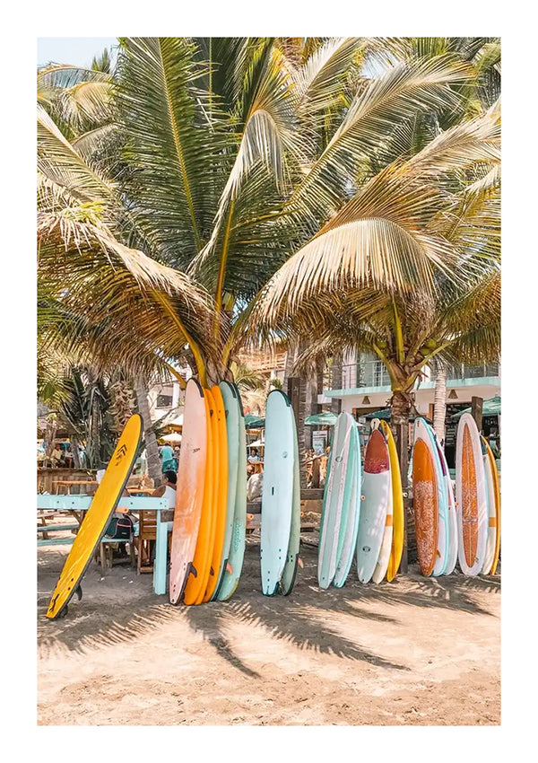Een groep kleurrijke CollageDepot-surfplanken leunend tegen een palmboom op een zandstrand, met extra palmbomen en strandmeubilair zichtbaar op de achtergrond.-
