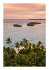 Een sereen tropisch landschap met weelderig groen met torenhoge palmbomen, met uitzicht op een kalme zee met verspreide kleine eilanden onder een zachtroze en oranje lucht bij zonsondergang gemaakt met cc 063 - natuur van CollageDepot.-