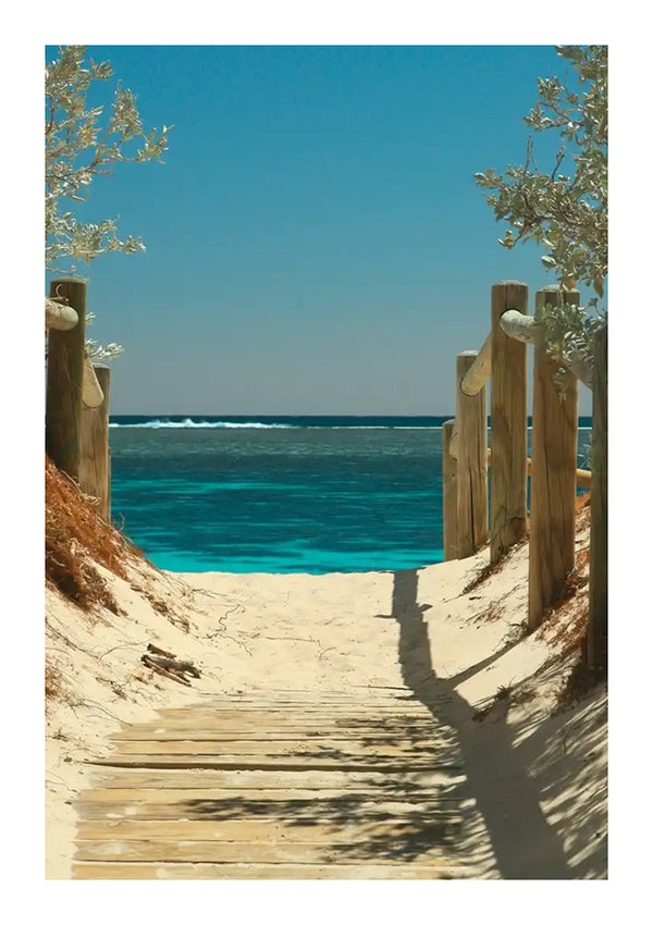 Een houten pad leidt door lichtgekleurd zand geflankeerd door kleine struiken naar een strand, dat lijkt op een serene CollageDepot wanddecoratie. Het pad eindigt aan de rand van het zand en biedt uitzicht op de blauwe oceaan onder een heldere hemel. De afbeelding legt een uitnodigend en rustig strandtafereel vast, perfect voor elk Pad Richting Het Water Schilderij.-