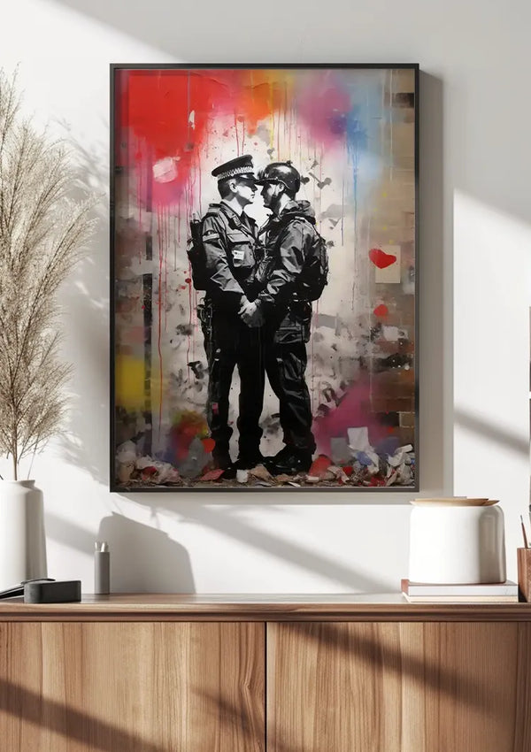 An Art Of Gays In Uniform Schilderij Brand CollageDepot met twee Britse kussende mensen, tegen een graffiti-achtige achtergrond met spatten rode, gele en paarse verf, hangt aan een witte muur boven een moderne houten kast versierd met verschillende decoratieve items.,Zwart