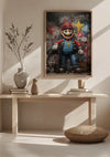 Een ingelijst kunstwerk van Mario uit de Super Mario-serie wordt getoond boven een houten consoletafel versierd met drie vazen. Een rond geweven kussen wordt op de vloer onder de consoletafel geplaatst in een helder verlichte kamer, met een elegant Ruige Super Mario Graffiti Schilderij van CollageDepot.,Lichtbruin