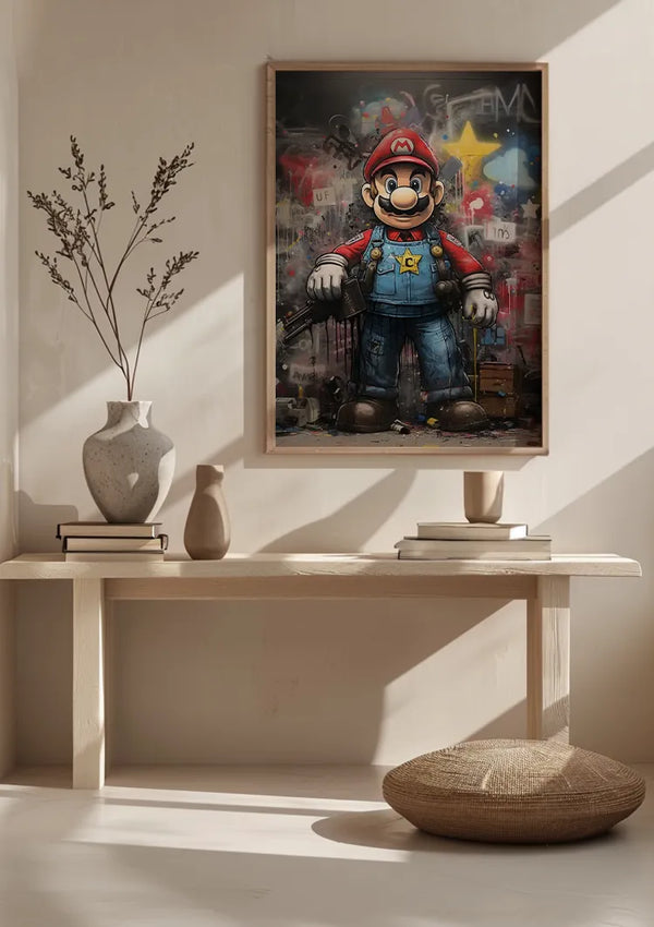 Een ingelijst kunstwerk van Mario uit de Super Mario-serie wordt getoond boven een houten consoletafel versierd met drie vazen. Een rond geweven kussen wordt op de vloer onder de consoletafel geplaatst in een helder verlichte kamer, met een elegant Ruige Super Mario Graffiti Schilderij van CollageDepot.,Lichtbruin