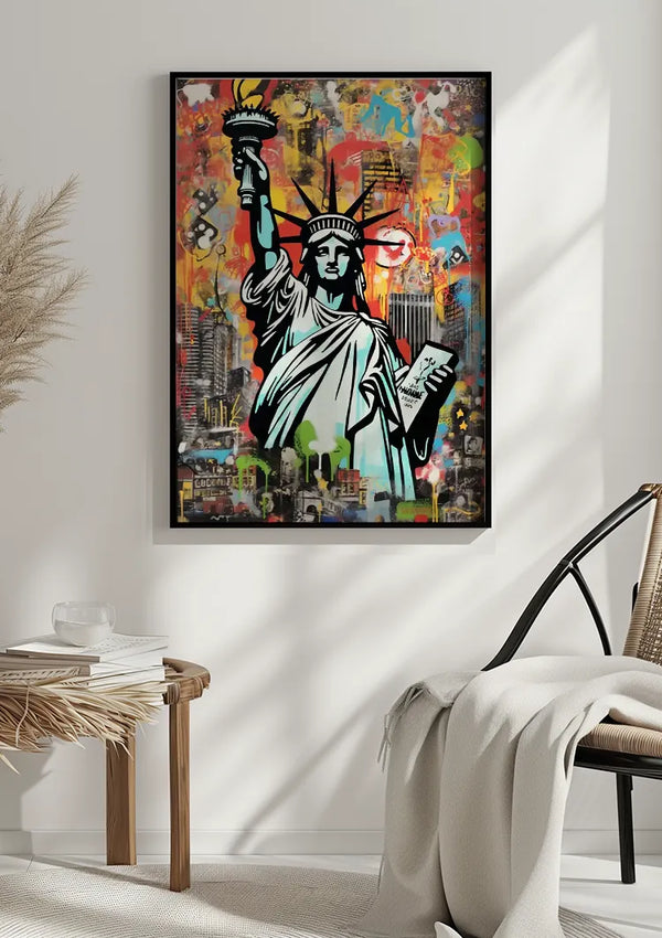 Een levendig, graffiti-achtig Kleurrijk Vrijheidsbeeld In New York Schilderij van CollageDepot is ingelijst en opgehangen aan een witte muur met een magnetisch ophangsysteem. Daaronder staat een kleine houten tafel met verschillende boeken en een leeg glas. Ernaast staat een rieten stoel, gedrapeerd met een lichtgrijze deken.,Zwart