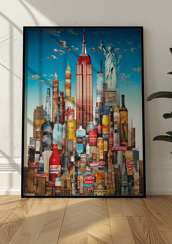 Een Beroemde Bezienswaardigheden New York Schilderij van CollageDepot rust tegen een muur en toont een illustratieve collage van beroemde gebouwen en monumenten gemaakt van merkverpakkingen. Op het kunstwerk zijn het Empire State Building en het Vrijheidsbeeld prominent aanwezig. Rechts is gedeeltelijk een plant zichtbaar.,Zwart