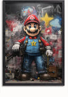 Een digitaal weergegeven kunstwerk dat een personage uitbeeldt dat lijkt op Mario uit de Mario-videogameserie. Het personage, gekleed in een blauwe overall, een rood shirt en een rode hoed met een "M"-embleem, houdt een geweer vast tegen een met graffiti bedekte achtergrond, perfect als unieke wanddecoratie: het Ruige Super Mario Graffiti Schilderij van CollageDepot.,Zwart-Zonder,Lichtbruin-Zonder,showOne,Zonder