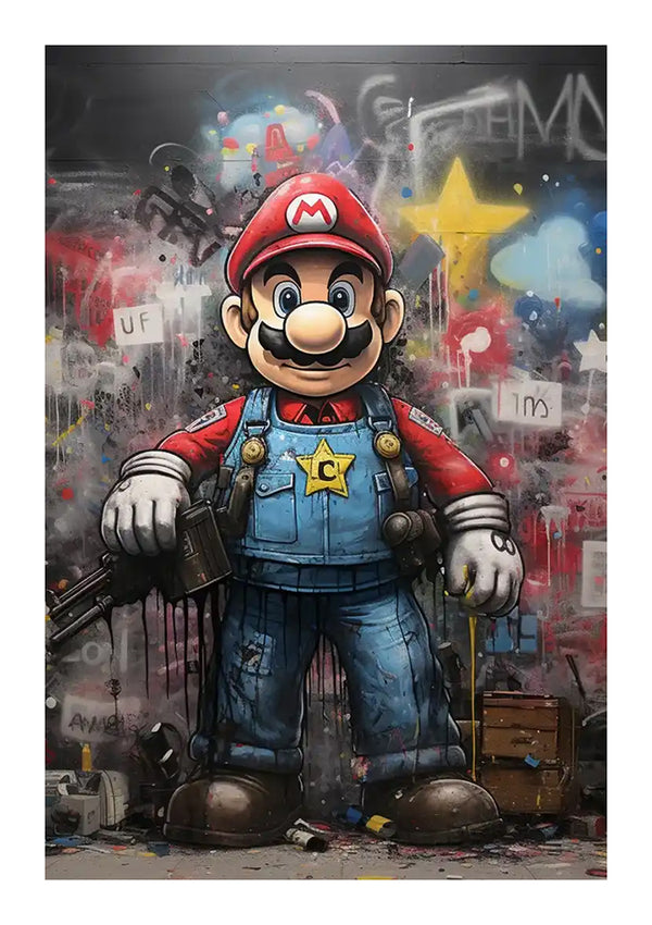 Kunstwerk in graffitistijl dat een ruige versie van Mario uit de videogames afbeeldt, terwijl hij een moersleutel vasthoudt en voor een gespoten muur met vervaagde graffiti staat. Hij draagt zijn klassieke rode hoed en blauwe overall en is de bba 008 - pop-art van CollageDepot.-