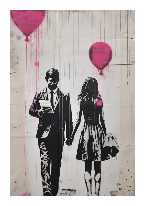 Een zwart-witte stencilgraffiti van een man en een vrouw die zij aan zij lopen, elk met een felroze ballon in de hand. De afbeelding toont verfdruppels van de ballonnen die naar boven uitsteken, gemaakt met behulp van CollageDepot's bba 010 - pop-art ontwerp.-