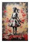 Een kunstwerk in graffitistijl toont een jong meisje in een jurk die een voorwerp vasthoudt, mogelijk een zaklamp, tegen een achtergrond van druipende rode en gele verf. Het Jong Meisje Met Voorwerp Schilderij van CollageDepot, perfect als wanddecor, toont een mix van realistische en abstracte elementen waarbij stukken van de muur schijnbaar zijn afgepeld.-