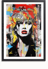 Een ingelijst Kleurrijk Graffiti Gezicht Schilderij van CollageDepot toont een gestileerd portret van een persoon met blond haar en felrode lippen. De achtergrond bestaat uit een collage van krantenknipsels en abstracte spatten rode, gele, blauwe en zwarte verf. Deze unieke wanddecoratie hangt naadloos met een magnetisch ophangsysteem.,Zwart-Met,Lichtbruin-Met,showOne,Met