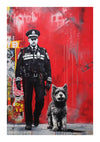 Een gestileerd kunstwerk van een politieagent in uniform die naast een hond staat tegen een levendige rode en met graffiti bedekte achtergrond. De officier lijkt serieus en kijkt naar voren met een strenge uitdrukking gecreëerd met de bba 020 van CollageDepot - pop-art.-