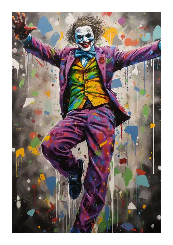 bba 027 - pop-art schilderij van het Joker-personage in een levendig paars pak, met een brede grijns en uitgestrekte armen, tegen een achtergrond bespat met kleurrijke verfdruppels van CollageDepot.-