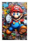 Een levendig graffitikunstwerk met een grote, kleurrijke afbeelding van Super Mario in een dynamische pose, tegen een chaotische achtergrond van veelkleurige abstracte vormen. Mario is prominent geposeerd met een uitgestrekte arm gemaakt door CollageDepot's bba 029 - pop art.-