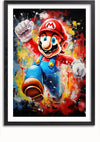 Een ingelijst Super Mario Met Vele Kleuren Schilderij van CollageDepot toont het iconische personage in een overall, witte handschoenen en een rode hoed met een "M" erop, tegen een kleurrijke, abstracte achtergrond. Deze levendige wanddecoratie springt met een vastberaden uitdrukking naar voren en is perfect voor de ruimte van elke fan.,Zwart-Met,Lichtbruin-Met,showOne,Met