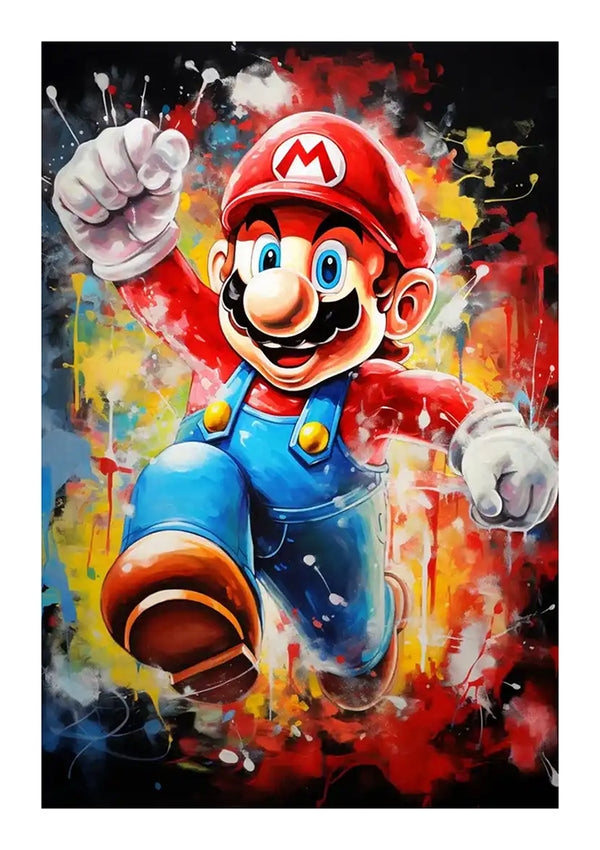 Levendig schilderij van Mario, een populair videogamepersonage, dat naar voren springt met één vuist omhoog, tegen een dynamische achtergrond van rode en gele spatten. Hij draagt zijn kenmerkende rode pet en blauwe overall, gemaakt met het bba 034-pop-art-ontwerp van CollageDepot.-