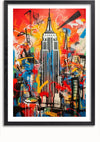 Een Abstract Kunstwerk Empire State Building Schilderij van CollageDepot toont het Empire State Building te midden van levendige, abstracte graffiti-achtige spatten van rood, geel, blauw en zwart. De achtergrond is voorzien van chaotische, veelkleurige vormen en lijnen, waardoor een schril contrast ontstaat met de architectonische details.,Zwart-Met,Lichtbruin-Met,showOne,Met