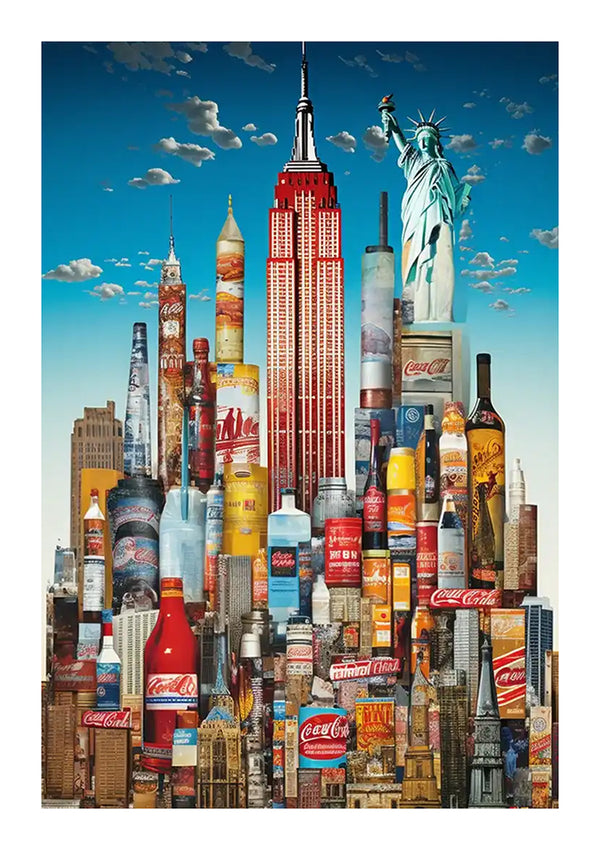 Een levendig schilderij uit New York City toont iconische bezienswaardigheden gemaakt van kleurrijke flessen en blikjes tegen een blauwe lucht met wolken. Opvallende bouwwerken zijn onder meer het Empire State Building en het Vrijheidsbeeld, beide op ingenieuze wijze samengesteld uit drankverpakkingen met merktekens. Dit stuk staat bekend als het Beroemde bezienswaardigheden New York Schilderij van CollageDepot.-
