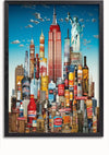 Een ingelijst Beroemde Bezienswaardigheden New York Schilderij van CollageDepot toont een stadsgezicht gemaakt van verschillende drankflessen en blikjes, waaronder frisdranken en alcoholische dranken. Opvallende bouwwerken die opnieuw zijn vormgegeven met flessen zijn onder meer het Empire State Building en het Vrijheidsbeeld, tegen een blauwe lucht met wolken op de achtergrond.,Zwart-Zonder,Lichtbruin-Zonder,showOne,Zonder