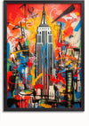 Een ingelijst Abstract Kunstwerk Empire State Building-schilderij van CollageDepot met een afbeelding van het Empire State Building omringd door een reeks abstracte, kleurrijke graffiti-elementen in rood, blauw, geel en zwart. De achtergrond is voorzien van levendige spatten en krabbels, waardoor een chaotische en energieke sfeer ontstaat.,Zwart-Zonder,Lichtbruin-Zonder,showOne,Zonder