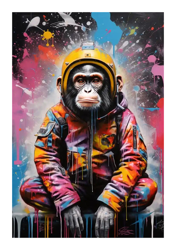 Een levendig kunstwerk van een chimpansee in een feloranje astronautenpak, met een helm op zijn hoofd, tegen een kleurrijke, spetterende verfachtergrond in de kleuren roze, blauw en geel. Dit is de bba 044 - pop-art van CollageDepot.-