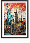 Een ingelijst kunstwerk, het Kleurrijk Vrijheidsbeeld En Empire State Building Schilderij van CollageDepot, toont het Vrijheidsbeeld op de voorgrond met wolkenkrabbers van New York City, waaronder het Empire State Building, op de achtergrond. Het beeld heeft een levendige, abstracte stijl met veelkleurige spetters en druppels verf, die doet denken aan graffitistijl.,Zwart-Met,Lichtbruin-Met,showOne,Met
