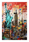 Levendig kunstwerk in graffitistijl dat het Vrijheidsbeeld en het Empire State Building afbeeldt tussen kleurrijke spatten en druppels, wat een dynamische stedelijke energie oproept met bba 046 - pop-art van CollageDepot.-