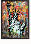 Een kleurrijke graffiti-stijl Kleurrijk Vrijheidsbeeld In New York Schilderij van CollageDepot met het Vrijheidsbeeld tegen een levendige, chaotische stedelijke achtergrond. De basis bevat elementen zoals auto's, gebouwen en abstracte vormen in verschillende felle kleuren. Deze wanddecoratie is zwart ingelijst en voorzien van een magnetisch ophangsysteem.,Zwart-Zonder,Lichtbruin-Zonder,showOne,Zonder