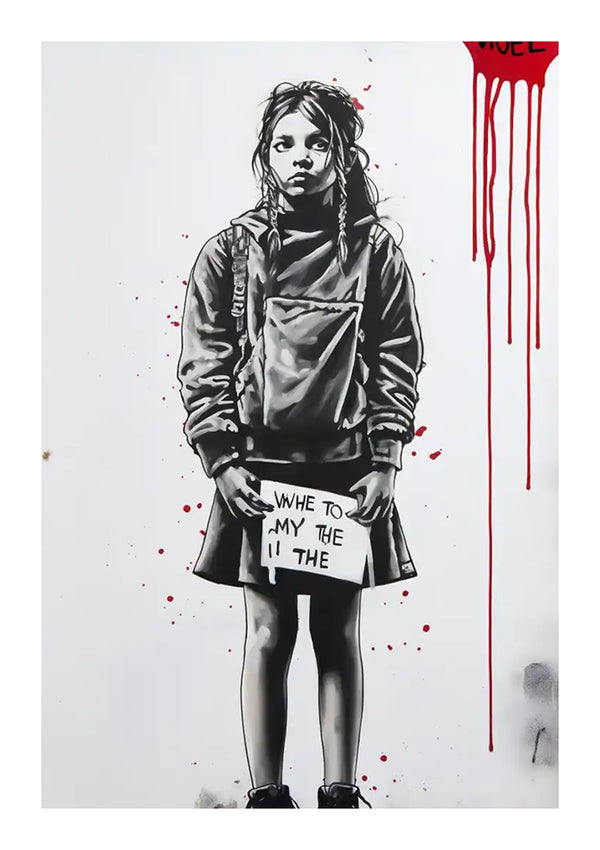 Zwart-witte graffiti van een jong meisje met een bord met de tekst "WHERE TO THE 11" met rode verfdruppels aan de bovenkant en spetters aan de onderkant, gemaakt met behulp van bba 047 - pop-art van CollageDepot.-