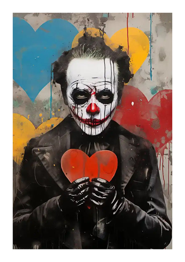 Graffitikunst van een clown in een zwart pak, met een rood hart in zijn hand, met een wit gezicht en donkere, ingevallen ogen. De achtergrond is voorzien van kleurrijke harten in blauw, geel en rood, bespat met zwart-witte verf gemaakt met behulp van CollageDepot's bba 048 - pop-art ontwerp.-