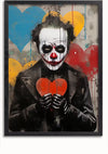 Dit boeiende Graffiti Joker-schilderij van CollageDepot toont een figuur in een zwarte outfit en handschoenen, met witte gezichtsverf, zwarte oogmake-up, een rode neus en rode verf die uit hun mond druipt. Ze hebben een rode hartvorm tegen een achtergrond van blauwe, gele en rode harten - een suggestief stukje graffitikunst dat zeker zal fascineren.,Zwart-Zonder,Lichtbruin-Zonder,showOne,Zonder
