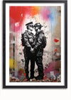 An Art Of Gays In Uniform Schilderij van CollageDepot waarin een opvallende scène wordt vastgelegd van twee Britse kunstenaars in uniform, tegenover elkaar en kussend. De achtergrond barst van de kleurrijke spetters en druppels rode, blauwe, roze en gele verf, waardoor een abstract effect ontstaat. Deze wanddecoratie is zwart ingelijst.,Zwart-Met,Lichtbruin-Met,showOne,Met