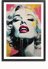Een ingelijst Kleurrijk Portret Van Marilyn Monroe Schilderij van CollageDepot toont het gezicht van een vrouw met gesloten ogen en geopende lippen. Het kunstwerk maakt gebruik van levendige kleuren, waaronder roze, geel en blauw, waarbij druppels en spetters een abstract element aan de compositie toevoegen. Deze opvallende wanddecoratie is eenvoudig te bevestigen met een magnetisch ophangsysteem.,Zwart-Met,Lichtbruin-Met,showOne,Met