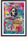 Ingelijst kunstwerk met een graffiti-schilderij van de Amerikaanse munt. Dit abstracte kunstwerk bevat levendige roze, groene, gele en blauwe accenten op biljetten van $100 en $10, met het portret van Benjamin Franklin prominent weergegeven. CollageDepot's Graffiti Kunstwerk Met Biljetten Schilderij is een perfecte wanddecoratie met een magnetisch ophangsysteem voor eenvoudige installatie.,Zwart-Met,Lichtbruin-Met,showOne,Met