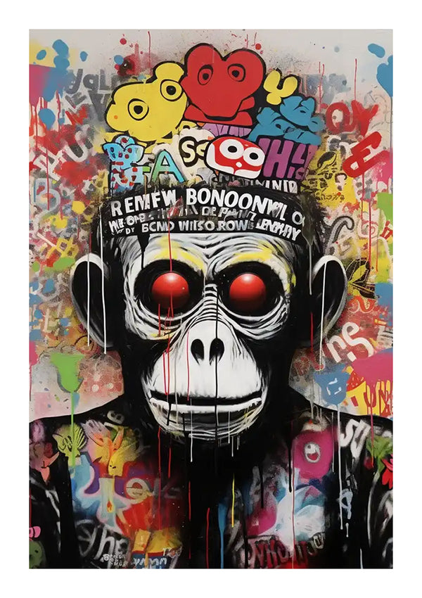 Een levendig stadsgraffitikunstwerk met de bba 064 van CollageDepot - pop-art, met een groot, zwart-wit apengezicht met opvallende, gedetailleerde ogen, omringd door kleurrijke, chaotische tags en stripfiguren op een getagde muur.-