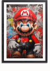 Een ingelijst Graffitikunstwerk Van Mario-schilderij van CollageDepot, met een personage met grote blauwe ogen, een prominente snor en een rode hoed met een "M"-embleem. De levendige achtergrond is voorzien van spetterende verf in verschillende kleuren, waardoor het een opvallende wanddecoratie is.,Zwart-Met,Lichtbruin-Met,showOne,Met