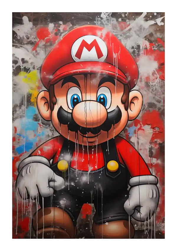 Een graffitikunstwerk toont een stripfiguur met een rode hoed met een "M", een rood shirt, een blauwe overall en witte handschoenen. De achtergrond bevat spetters rood, wit en andere kleuren, waardoor dit Graffitikunstwerk Van Mario Schilderij van CollageDepot een levendig en energiek gevoel krijgt.-