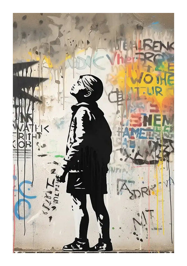 Graffitikunstwerk van een jonge jongen in silhouet, omhoog kijkend, tegen een muur bedekt met kleurrijke, expressieve straatnaamborden en druipende verfspetters van bba 072 - pop art van CollageDepot.-