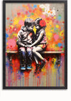 Een ingelijste Twee kinderen op een bankje Schilderij toont een jongen en een meisje zittend op een bankje. De jongen, in spijkerbroek en hoodie, kijkt naar het meisje, dat een jurk draagt met een grote rode bloem in haar haar. De achtergrond is voorzien van kleurrijke, spetterende graffitikunst. Deze prachtige wanddecoratie van CollageDepot kan eenvoudig worden tentoongesteld dankzij het magnetische ophangsysteem.