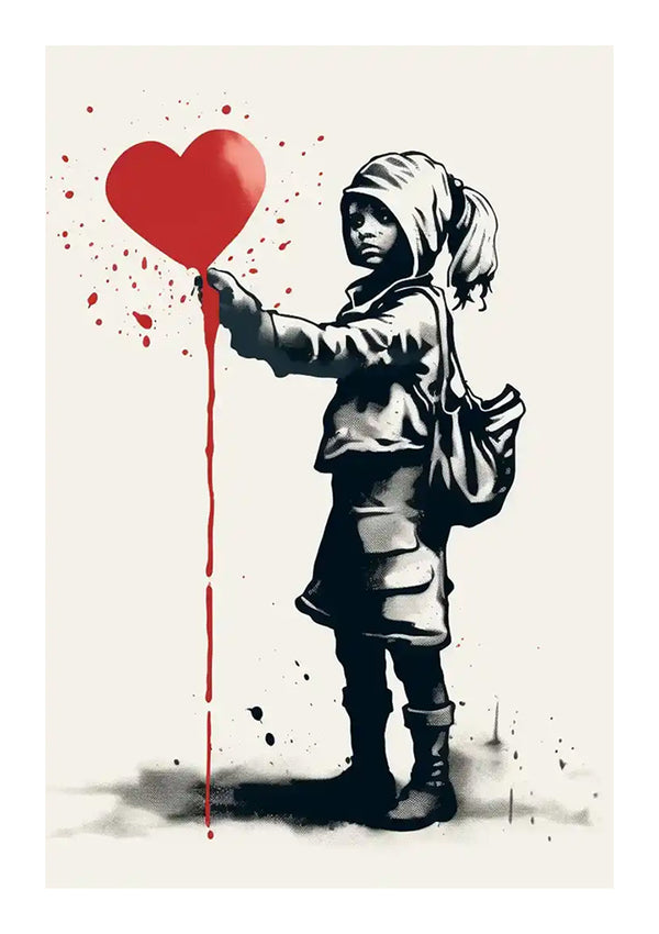 Een zwart-wit stencilkunst toont een jong meisje met rode ballon die een rode, hartvormige ballon vasthoudt die lijkt op druipende verf. Het meisje, gekleed in een jasje met capuchon en rok met een tas over haar schouder, geeft charme aan deze Meisje Met Rode Hartjes Ballon van CollageDepot. Spatten rode verf accentueren het tafereel.-