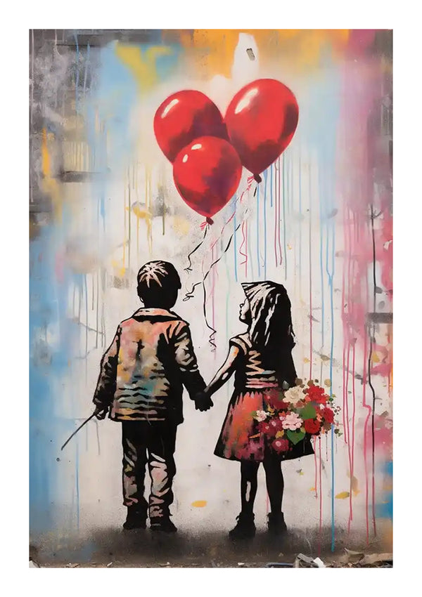 Een graffitikunstwerk toont een jongen en een meisje die hand in hand staan. De jongen houdt touwtjes vast aan drie rode hartvormige ballonnen, terwijl het meisje een boeket bloemen vasthoudt. De achtergrond is voorzien van kleurrijke abstracte verfdruppels en -spatten, waardoor het een boeiend stuk Holding hands schilderij van CollageDepot is.