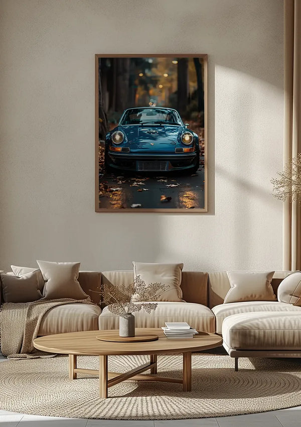 Een moderne woonkamer met beige muren is voorzien van een grote ingelijste foto van een Blauwe Vintage Porsche 911 Schilderij van CollageDepot onder herfstbladeren boven een beige sectionele bank. De kamer is voorzien van beige en witte kussens, een houten salontafel en een minimalistisch decor van gedroogde planten.,Lichtbruin