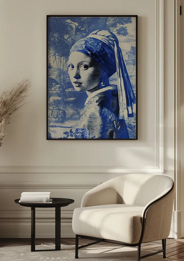 Op een crèmekleurige muur hangt een ingelijst schilderij van het "Meisje met de parel" boven een moderne witte fauteuil en een rond zwart bijzettafeltje met een gesloten boek erop. Op het schilderij staat een aab 335 Delfts blauw van CollageDepot.,Zwart