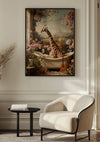 Een ingelijst schilderij Giraffe in een badkuip van CollageDepot met een giraffe die in een badkuip zit, omringd door verschillende bloemen, planten en decoratieve items, hangt aan een muur boven een moderne fauteuil en een tafeltje in een zacht verlichte kamer, elegant beveiligd met een magnetisch ophangsysteem voor naadloze wanddecoratie.,Zwart