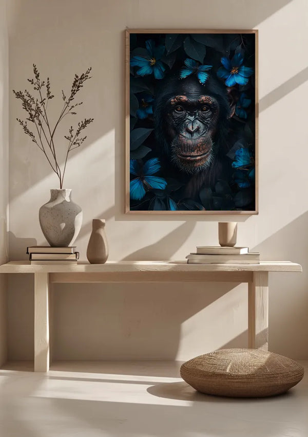 Een minimalistische kamer met een houten bank met vazen en een geweven kussen op de vloer. Boven de bank hangt een Chimp And Butterflies Schilderij van CollageDepot, ingelijst en omgeven door blauwe bloemen en bladeren, naadloos geïntegreerd in het decor als opvallende wanddecoratie.,Lichtbruin