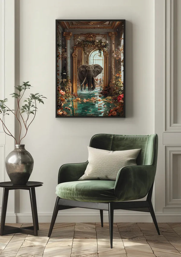 Een woonkamersetting met een groene fauteuil met een kussen, een tafeltje met een vaas en een plant, en een boeiende wanddecoratie. Het middelpunt is een ingelijst Elephant In Fantasy Room Schilderij van CollageDepot van een olifant die in het water staat, omringd door bloemen, zuilen en verlicht door natuurlijk licht door het grote raam.,Zwart
